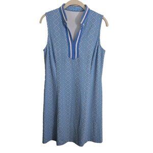 J. Mclaughlin Ginny Dress Blue White Geometric Crochet V Neck Trim Size M